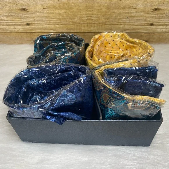 HISDERN Mens 3 Pcs Neckties Tie and Pocket Square Set Blue Yellow - Picture 2 of 11